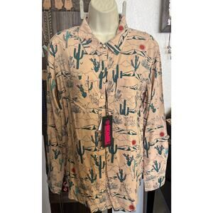 Rock & Roll Women’s Long Sleeve Western Cactus Graphic Dress Shirt – Size Large